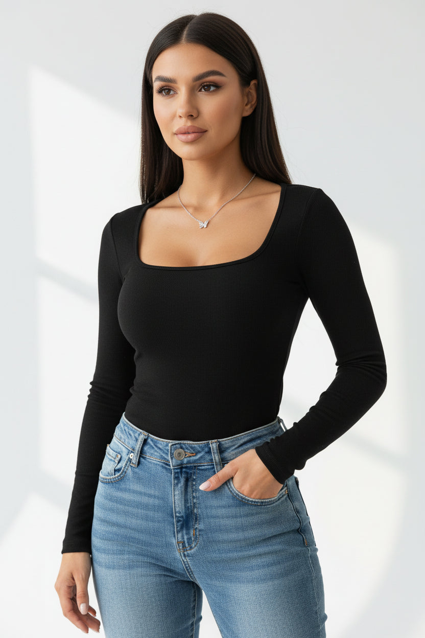 Square Neck Top Nora – Slim Fit Longsleeve in Effen Kleur