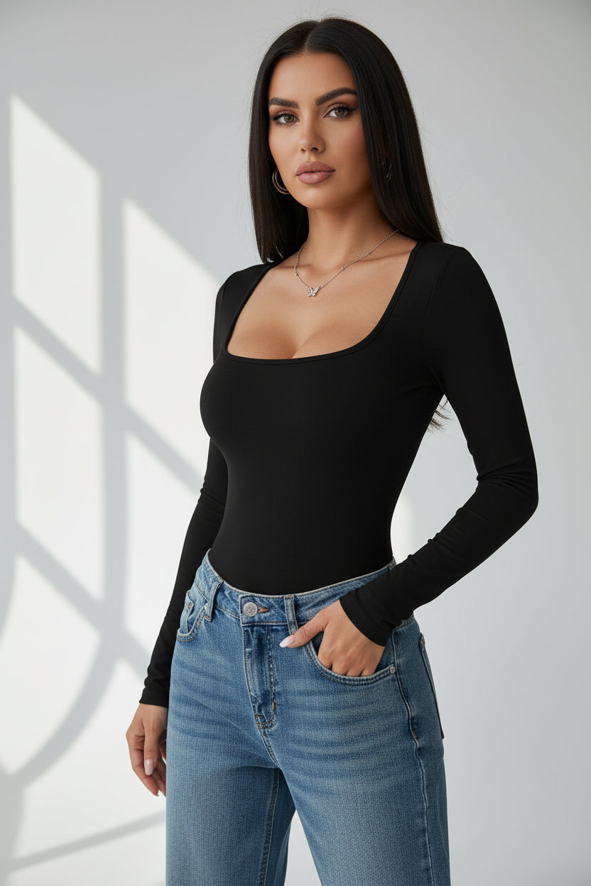 Square Neck Top Nora – Slim Fit Longsleeve in Effen Kleur